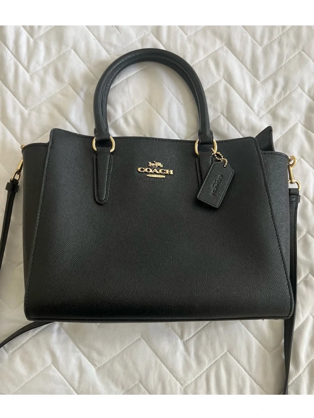 Coach Black Saffiano Satchel with Gold Rings